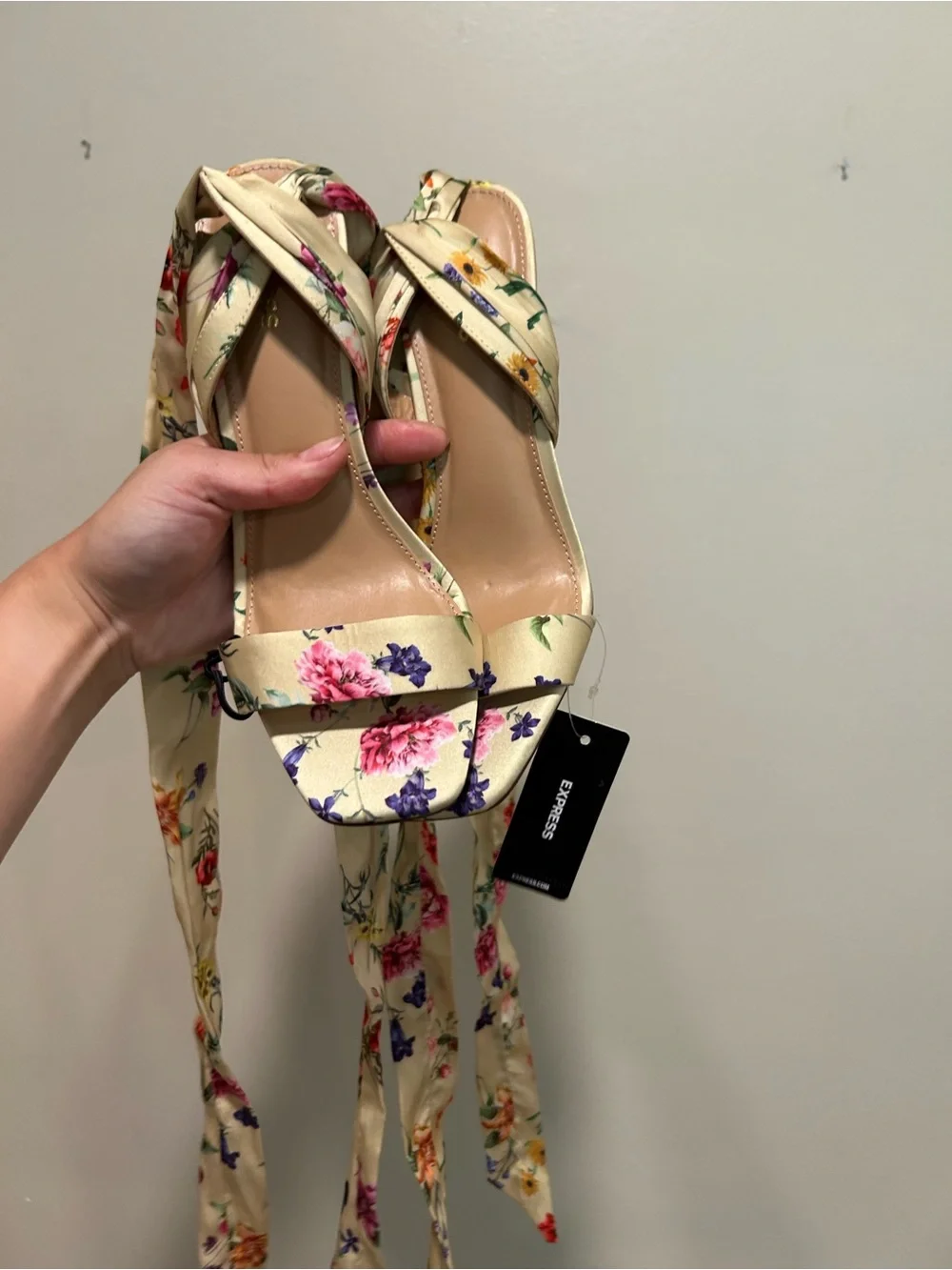 Express floral lace up square toe heels